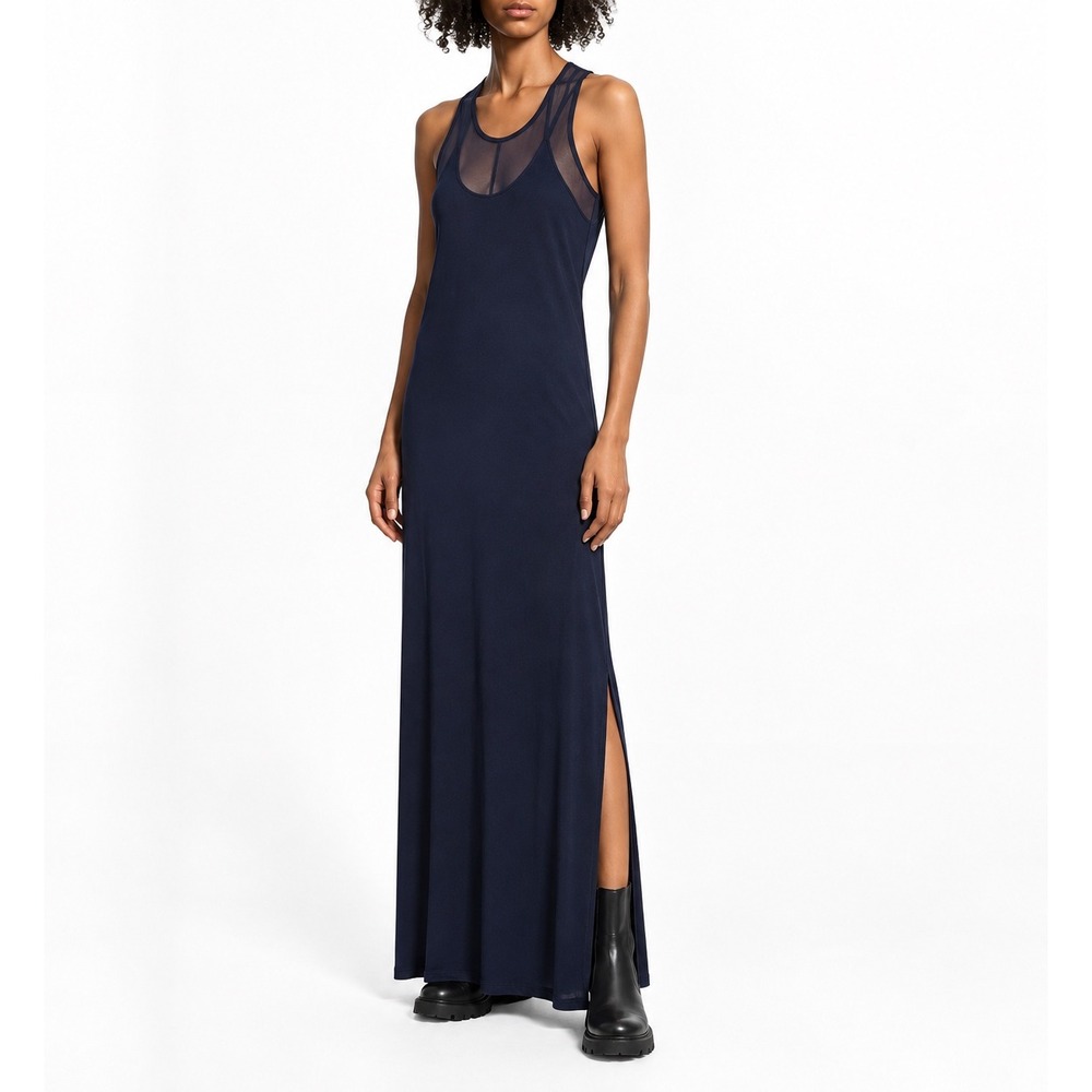 Anatomie Taya Racerback Tank Maxi Dress Navy Blue Mesh Shelf Bra Side Slit L
